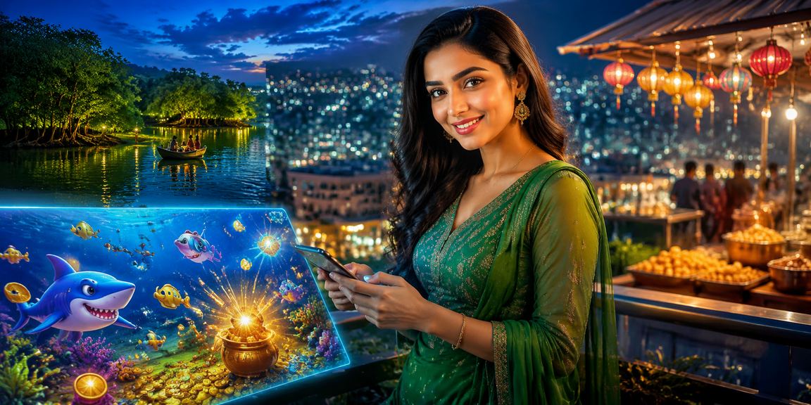 সিলেটের নাইট মার্কেটে একজন খেলোয়াড় মোবাইল ফিশিং গেম উপভোগ করছেন